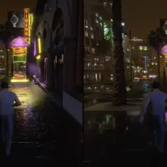 Porównanie grafiki GTA V: normalna vs. enhanced. Po prawej stronie widać ulepszoną wersję z lepszymi odbiciami i oświetleniem.