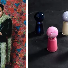 Harry Styles i sin unika stil, med en glittrig halsduk och en blommig bakgrund. Bredvid syns nagellack i olika färger med marmorerade klot som lock.