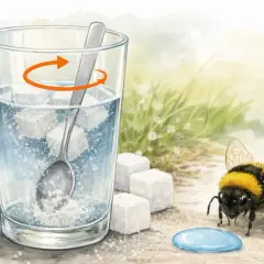 Eine Hummel schaut neugierig auf einen zuckerwürfel-gesüßten Drink. So erfahren wir, was fressen Hummeln: Zuckerwasser!