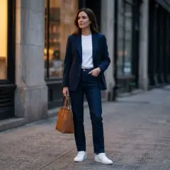 Elegancki outfit: granatowa marynarka, biały t-shirt, jeansy i białe sneakersy. Kobieta trzyma brązową torebkę.