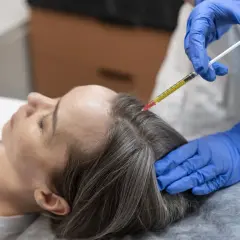 Una mano enguantada inyecta líquido en el cuero cabelludo de una mujer. Podría aliviar el dolor o estimular el crecimiento del cabello.