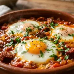 Un plat réconfortant d'oeuf chorizo, avec des œufs pochés dans une sauce tomate épicée et des morceaux de chorizo, garni de persil frais.