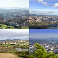 Vistas panorámicas de Santiago de Compostela desde el monte Pedroso, mostrando la ciudad y sus alrededores en diferentes condiciones climáticas.