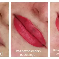 Usta po makijażu permanentnym: przed zabiegiem, tuż po nim i 4 godziny później. Kolor staje się coraz bardziej intensywny.