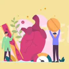 Ilustracja pokazuje serce, naczynia krwionośne i ludzi, którzy symbolizują walkę z wysokim cholesterolem. Dowiedz się, jak obniżyć cholesterol.