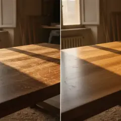 Split image showing a scratched wooden table before and after polishing, with a chisel and cloth on the polished side.