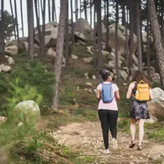 Dwie kobiety z plecakami idą leśną ścieżką wśród drzew i skał.