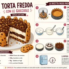 Torta fredda con gocciole, decorata con biscotti e ricoperta di cioccolato. Una delizia per ogni occasione.