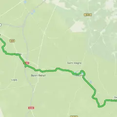 Carte d'un parcours cyclable, le gr 6, traversant des forêts et des villages comme La Teste-de-Buch, Belin-Béliet et Barsac.