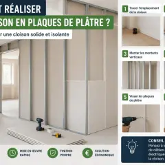 Guide pour faire une cloison en placo : étapes de traçage, montage des rails et montants, pose d'isolant, vissage des plaques et finitions.