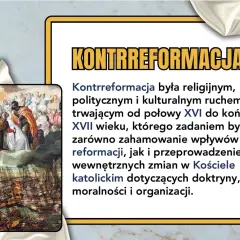 Obraz przedstawia fragment obrazu z postaciami i flotą statków oraz fragment tekstu o kontrreformacji.