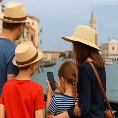 Famiglia con bambini a Venezia, con il padre e il figlio che indossano cappelli di paglia, mentre la madre mostra qualcosa sul telefono.
