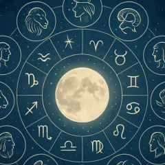 Koło zodiaku z Księżycem w centrum. Widoczne symbole i wizerunki znaków zodiaku, w tym Skorpiona. Sprawdź swój horoskop skorpion na przyszły tydzień.