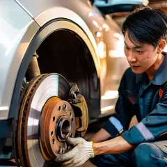 Mécanicien inspectant un disque de frein. Obtenez le tarif pour le changement de plaquettes et disques de frein.