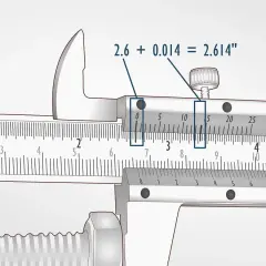 Un pied à coulisse sert à mesurer avec précision. Ici, on lit 2.614 pouces, résultat d'une mesure fine.