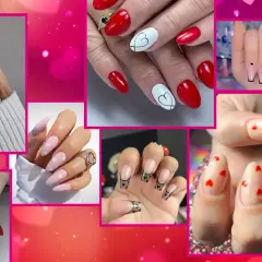 Collezione di unghie con disegni a tema cuore: rosa, rosse e bianche, con dettagli romantici.