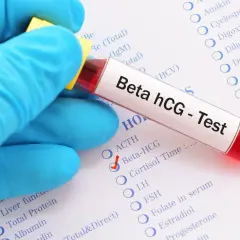 Ręka w niebieskiej rękawiczce trzyma probówkę z krwią do testu Beta hCG. Czerwony znaczek obok "Beta-HCG" sugeruje, że badanie jest wykonywane, aby sprawdzić, dlaczego beta hcg spada.