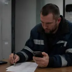 Pracownik w roboczym ubraniu sprawdza telefon, pisząc coś na papierze. Może to być rozliczenie za dodatek za drugą zmianę.