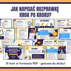 Zestaw 15 kart PDF "Jak napisać rozprawkę krok po kroku?", omawiający cele, strukturę, tworzenie tezy i argumentów, z przykładami.