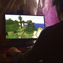 Gracz wciela się w postać w grze Minecraft, eksplorując zielony świat. W tle widać zasłony.