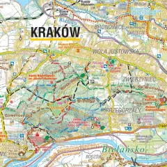 Kraków i okolice atrakcje: mapa z zaznaczonymi fortami, muzeami, parkami i szlakami.
