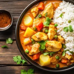 Pyszny kurczak w sosie curry z ryżem i warzywami. Idealny obiad na sobotę, który zachwyci smakiem.