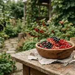 Schwarze Johannisbeeren und rote Johannisbeeren in einer Holzschale auf einem rustikalen Tisch im Garten. Ein Löffel und eine Tasse daneben.