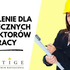 Szkolenie dla społecznych inspektorów pracy. Uśmiechnięta kobieta w kasku i garniturze trzyma notes.