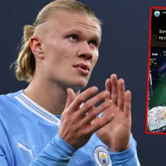 Erling Haaland w koszulce Manchesteru City, obok zrzut ekranu z gry FIFA, gdzie usuwa Ronaldo ze składu dla kuzyna.