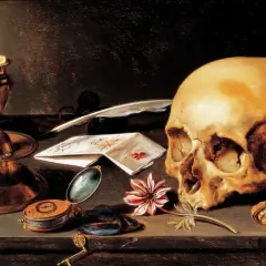 A Dutch still life painting featuring a skull, lit candle, letters, a pocket watch, and a flower, evoking themes of mortality and the passage of time.