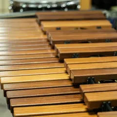Drewniane klawisze marimby, instrumentu perkusyjnego melodycznego, obok innych instrumentów perkusyjnych niemelodycznych w tle.