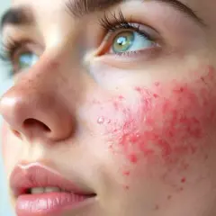Gros plan sur le visage d'une jeune femme, montrant une **peau irritée qui brûle** sur sa joue, avec des rougeurs et des petites pustules.