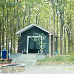 Mały, ciemny domek letniskowy w lesie, z kamiennym paleniskiem i ławką. Idealne miejsce na wypoczynek, z solidnymi bloczkami pod domek letniskowy.