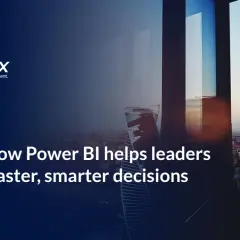 A silhouette of a leader gazes at a cityscape, embodying the informational power of Power BI to drive faster, smarter decisions.
