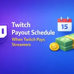Learn how to get paid on Twitch! This graphic shows the Twitch Payout Schedule, with a calendar marking the 15th and stacks of cash.