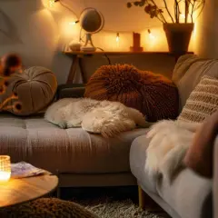 Gemütliches, kleines Schlafzimmer, dunkel und warm beleuchtet. Ein Sofa mit vielen Kissen und Decken lädt zum Entspannen ein.
