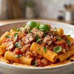 Un plat de pâtes au thon généreux, garni de basilic frais et de poivre noir. Un délice simple et savoureux.
