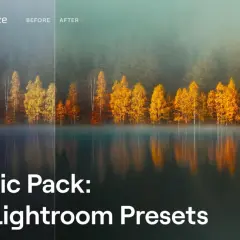 Przed i po: jesienny las nad jeziorem, zintensyfikowany dzięki darmowym presetom Lightroom.