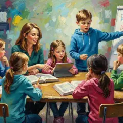 Kinder lernen gemeinsam mit einer Lehrerin. Ein Junge erklärt etwas an einer Tafel. Dies ist ein Beispiel für soziales Lernen.