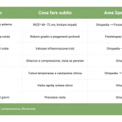 Tabella sintomi ginocchio: dolore interno o esterno, davanti, dietro o di notte, gonfiore, instabilità, blocco, dolore oltre 7-10 giorni. Consigli e specialisti.