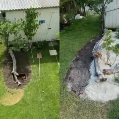Ein Garten wird umgestaltet. Links: Rasen, Baum, Schaufel. Rechts: Sandbeet mit Treibholz und Pflanzen, ein tierfreundlicher Garten entsteht.