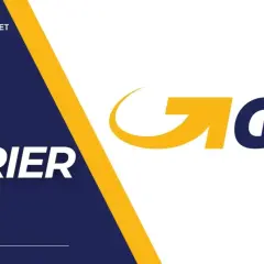 Kurier GLS - szybka paczka. Logo GLS i napis "Tania Paczka.net" na granatowym tle.