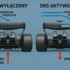 Bolid F1 z DRS wyłączonym generuje wysoki docisk, a z włączonym DRS zmniejsza opór powietrza.