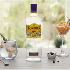 Gordon's alkohol: butelka ginu, drink z mandarynką i rozmarynem, kieliszek z mandarynką i rozmarynem, miseczka z jałowcem.