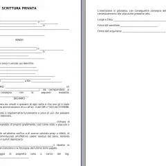 Scrittura privata per vendita auto tra privati. Documento con campi da compilare per dati venditore, acquirente, veicolo e accordi.