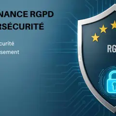 Gouvernance RGPD et cybersécurité : un bouclier symbolisant la protection des données en entreprise, avec un cadenas et les étoiles de l'UE.