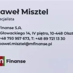 Wizytówka Pawła Misztela, specjalisty mFinanse S.A. z Olsztyna.