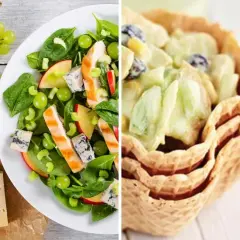 Ensalada de pollo con espinacas, uvas, manzana y queso azul. Al lado, una ensalada cremosa servida en cucuruchos de helado.