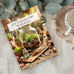 Okładka książki "DIY Terrariums Workbook" z widokiem na szklane naczynia z roślinami i akcesoriami do tworzenia terrariów.