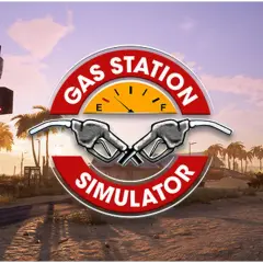 Logo Gas Station Simulator z neonowym znakiem "Dust Bowl" i pustynnym krajobrazem.